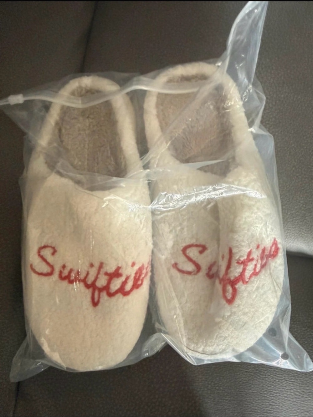 Amazon Cream Fleece Slip-On Slippers with Red Script (Swifties)